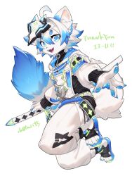 Rule 34 | 1boy, :d, absurdres, ahoge, animal ears, artist name, black sweater, blue eyes, blue footwear, blue hair, blue nails, body fur, commission, fangs, fewer digits, fingernails, fox boy, fox ears, fox tail, from side, full body, furry, furry male, hair between eyes, hair intakes, highres, holding, holding weapon, inu fuji, looking at viewer, male focus, mask, mask on head, multicolored hair, open mouth, original, outstretched arm, pants, pawpads, reaching, reaching towards viewer, sandals, sharp fingernails, short hair, signature, simple background, skeb commission, smile, solo, streaked hair, sweater, tail, tassel, thank you, turtleneck, turtleneck sweater, two-tone hair, weapon, white background, white fur, white hair, white pants