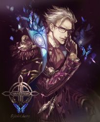Rule 34 | 1boy, bespectacled, blue eyes, bug, butterfly, closed mouth, facial hair, fate/grand order, fate (series), glasses, gloves, grey hair, highres, insect, james moriarty (archer) (fate), koshika rina, long sleeves, looking at viewer, male focus, mustache, short hair, smile, solo