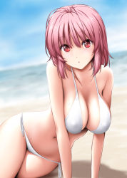 Rule 34 | 1girl, bare arms, bare shoulders, beach, bikini, blue sky, breasts, collarbone, commentary request, day, hair between eyes, highres, large breasts, looking at viewer, navel, no headwear, nori tamago, outdoors, parted lips, pink hair, red eyes, saigyouji yuyuko, shadow, short hair, side-tie bikini bottom, sky, solo, stomach, swimsuit, thighs, touhou, white bikini