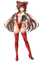 Rule 34 | 1girl, blush, boots, bow, breasts, brown eyes, brown hair, commentary request, commission, detached sleeves, hair between eyes, hair bow, hakurei reimu, hand on own hip, highres, kamiya tomoe, leotard, long hair, looking at viewer, medium breasts, open mouth, pixiv commission, race queen, red bow, red footwear, red leotard, simple background, solo, thigh boots, touhou, white background