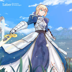 Rule 34 | 1girl, 2021, absurdres, ahoge, armor, artoria pendragon (all), artoria pendragon (fate), blonde hair, blue skirt, blue sky, braid, breastplate, character name, dated, determined, excalibur (fate/stay night), fate/grand order, fate (series), french braid, gauntlets, grass, green eyes, highres, juliet sleeves, long sleeves, mountainous horizon, nullnat, puffy sleeves, purple ribbon, ribbon, saber (fate), skirt, sky, solo