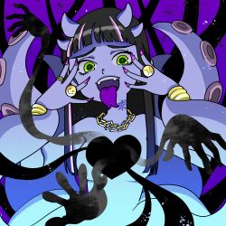 Rule 34 | 1girl, absurdres, black hair, blunt bangs, chain, chain necklace, colored skin, colored tongue, demon girl, eyelashes, fangs, forked tongue, fujishima moyu, ghost hands, highres, hole in chest, hole on body, horns, jewelry, kanji tattoo, looking at viewer, monster girl, multiple horns, necklace, original, pink nails, pointy ears, purple background, purple skin, purple tongue, ring, smiley face, solo, teeth, tentacles, tongue, translation request, upper teeth only