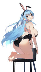 Rule 34 | 1girl, :3, absurdres, animal ears, ass, back, backless outfit, bare legs, bare shoulders, barefoot, black leotard, blue eyes, blue hair, breasts, commission, daeno, detached collar, fake animal ears, fake tail, feet, from behind, full body, hair between eyes, highres, kneeling, large breasts, legs, leotard, light blush, long hair, looking at viewer, looking back, on chair, original, playboy bunny, rabbit ears, rabbit tail, shoulder blades, sideboob, simple background, smile, soles, tail, thighs, toes, two side up, very long hair, white background, wrist cuffs