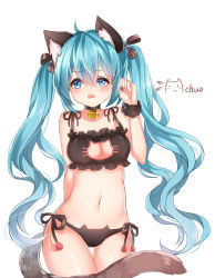 Rule 34 | 1848066491, 1girl, animal ears, aqua hair, bad id, bad pixiv id, bell, neck bell, blue eyes, blush, cat cutout, cat ears, cat lingerie, cat tail, chuor (chuochuoi), cleavage cutout, clothing cutout, collar, cowboy shot, hatsune miku, highres, jingle bell, long hair, meme attire, navel, open mouth, panties, paw pose, side-tie panties, simple background, solo, tail, twintails, underwear, very long hair, vocaloid, white background