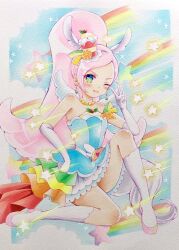 Rule 34 | 1girl, arm up, blush, boots, cake hair ornament, commentary request, cure parfait, dress, earrings, elbow gloves, food, food-themed hair ornament, fruit, gloves, hair ornament, hairband, jewelry, kirahoshi ciel, kirakira precure a la mode, lilylily0601, long hair, looking at viewer, magical girl, multicolored eyes, necklace, one eye closed, orange (fruit), orange slice, painting (medium), pink hair, ponytail, precure, rainbow, shooting star, sky, smile, solo, star (symbol), tail, traditional media, v, watercolor (medium), white gloves, white wings, wide ponytail, wings