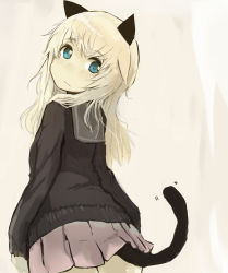 Rule 34 | 1girl, alternate costume, animal ears, blonde hair, blush, cardigan, cat ears, cat tail, commentary, green eyes, helma lennartz, highres, izuoku, long hair, looking at viewer, looking back, sailor collar, school uniform, simple background, sketch, skirt, solo, strike witches, strike witches: suomus misfits squadron, tail, white background, world witches series