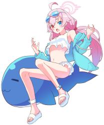 Rule 34 | 1girl, ahoge, artist request, bikini, bikini under clothes, blue archive, blue eyes, blue jacket, blush, breasts, full body, hair ornament, halo, heterochromia, high heel sandals, highres, hoshino (blue archive), hoshino (swimsuit) (blue archive), inflatable toy, inflatable whale, jacket, long hair, low twintails, navel, off shoulder, open clothes, open jacket, open mouth, pink hair, sandals, simple background, small breasts, solo, swimsuit, twintails, wedge heels, white background, white bikini, yellow eyes