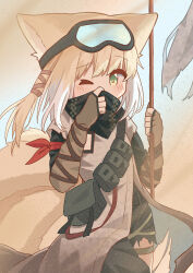 Rule 34 | 1girl, absurdres, animal ears, arknights, black shirt, blonde hair, brown gloves, elbow gloves, fingerless gloves, fox ears, fox girl, fox tail, gloves, goggles, goggles on head, grey jacket, hands up, highres, holding, jacket, kitsune, multicolored hair, one eye closed, ryoku sui, sand, shirt, solo, suzuran (arknights), suzuran (lostlands flowering) (arknights), tail, two-tone hair, white hair