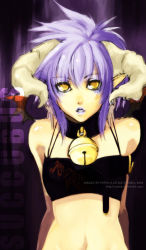 Rule 34 | 00s, 1girl, 2006, bell, blue hair, collar, demon girl, female focus, horns, ippus, jingle bell, lipstick, looking at viewer, makeup, midriff, neck bell, original, pointy ears, short hair, solo, yellow eyes