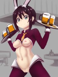 Rule 34 | 1girl, animal ear fluff, animal ears, animal print, beer mug, blue eyes, breasts, brown hair, cleft of venus, crotchless skirt, cup, grey background, hair between eyes, highres, looking at viewer, medium breasts, meme attire, mug, navel, nipples, onaka itai, poker chip, poker table, puffy nipples, pussy, rabbit ears, rabbit print, revealing clothes, reverse bunnysuit, reverse outfit, short hair, smile, solo, table, tray, uncensored, waitress