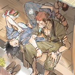 Rule 34 | 2boys, animal ears, arm tattoo, black hair, chest tattoo, facial tattoo, food, fruit, fushiguro megumi, hand fan, highres, holding, holding fan, indoors, japanese clothes, jujutsu kaisen, kimono, looking at another, lying, male focus, mouth hold, multiple boys, on back, paper fan, pectorals, pink hair, popsicle, ryoumen sukuna (jujutsu kaisen), sandals, short hair, sitting, spoken squiggle, squiggle, tail, tattoo, tiger ears, tiger tail, undercut, watermelon, woshihedawei