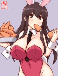 Rule 34 | 1girl, akagi (kancolle), animal ears, artist logo, between breasts, blush, breasts, brown eyes, brown hair, carrot, cleavage, cowboy shot, detached collar, eating, fake animal ears, gradient background, kanon (kurogane knights), kantai collection, large breasts, leotard, long hair, looking at viewer, necktie, necktie between breasts, one-hour drawing challenge, playboy bunny, purple background, rabbit ears, rabbit tail, red leotard, solo, strapless, strapless leotard, tail, tray, wrist cuffs