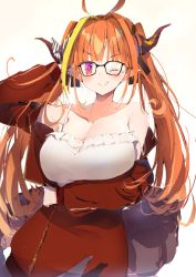 Rule 34 | 1girl, ahoge, alternate hairstyle, bare shoulders, breasts, cleavage, closed mouth, collarbone, commentary request, dragon horns, dragon tail, glasses, hair intakes, hololive, horn ornament, horn ribbon, horns, huge breasts, kiryu coco, kiryu coco (loungewear), long hair, looking at viewer, multicolored hair, nekopote, official alternate costume, one eye closed, orange hair, pointy ears, red eyes, ribbon, sidelocks, simple background, slit pupils, smile, solo, spaghetti strap, standing, strap slip, streaked hair, tail, track suit, twintails, unzipped, upper body, virtual youtuber, white background