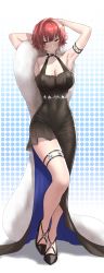 Rule 34 | 1girl, :o, absurdres, anagumasan, armlet, armpits, arms up, azur lane, black dress, black footwear, blush, breasts, cleavage, covered navel, dress, feather boa, hair between eyes, halftone, halftone background, halterneck, high heels, highres, large breasts, long dress, looking at viewer, official alternate costume, parted lips, red eyes, red hair, shadow, short hair, sidelocks, single bare shoulder, sleeveless, sleeveless dress, solo, standing, standing on one leg, thighlet, weser (azur lane), weser (urbane onyx) (azur lane), white background