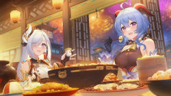 Rule 34 | 2girls, ahoge, bare shoulders, bell, black gloves, blue eyes, blue hair, blush, bodystocking, bodysuit, braid, breasts, chopsticks, clothing cutout, cup, detached sleeves, dress, eating, elbow gloves, fireworks, food, fukuro daizi, ganyu (genshin impact), genshin impact, gloves, hair ornament, hair over one eye, highres, holding, holding cup, horns, lantern, large breasts, long hair, long sleeves, looking at viewer, low-braided long hair, low-tied long hair, multiple girls, night, night sky, open mouth, partially fingerless gloves, puffy long sleeves, puffy sleeves, purple eyes, shenhe (genshin impact), short hair with long locks, shoulder cutout, silver hair, sky, smile, tabard, table, tassel, very long hair, white dress