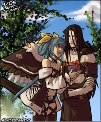 Rule 34 | 1boy, 1girl, asymmetrical gloves, bare shoulders, bird, birthday, black hair, blue hair, blue sky, box, choker, cloud, crow, dizzy (guilty gear), gift, gift box, gloves, guilty gear, guilty gear xx, hair between eyes, leaf, long hair, looking at another, midriff, muffintosser, open clothes, open skirt, puffy sleeves, red eyes, ribbon, skirt, sky, smile, tail, testament (guilty gear), thigh strap, tree, uneven gloves, wings, yellow ribbon