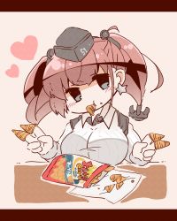 Rule 34 | 1girl, anchor hair ornament, atlanta (kancolle), bag of chips, bloom2425, blue eyes, breasts, brown hair, bugles, bugles (food), bugles on fingers, chips (food), commentary request, earrings, food, food in mouth, food on face, food on hand, garrison cap, hair ornament, hat, headgear, heart, highres, jewelry, kantai collection, large breasts, long hair, simple background, single earring, solo, star (symbol), star earrings, twintails, upper body