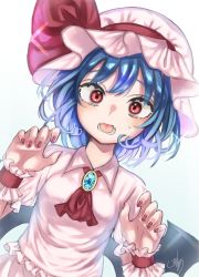 Rule 34 | 1girl, absurdres, ascot, bat wings, blue hair, breasts, brooch, dress, dutch angle, frilled cuffs, hands up, hat, hat ribbon, highres, jewelry, looking at viewer, mob cap, nail polish, open mouth, orange eyes, pink dress, pink shirt, puffy short sleeves, puffy sleeves, red ascot, red eyes, red nails, red ribbon, remilia scarlet, ribbon, shiomi lua, shirt, short hair, short sleeves, signature, simple background, small breasts, solo, surprised, sweatdrop, touhou, white background, wing collar, wings, wrist cuffs