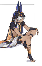 Rule 34 | 1boy, animal hat, black hat, closed mouth, cyno (genshin impact), dark-skinned male, dark skin, dated, egyptian clothes, full body, genshin impact, hair over one eye, hat, highres, long hair, male focus, red eyes, signature, simple background, sitting, solo, toeless footwear, tuanzimiao1, white background, white hair