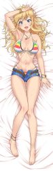 Rule 34 | 1girl, :d, anklet, arm up, armpits, bangle, bare arms, bare legs, bare shoulders, barefoot, bed sheet, belt, belt buckle, bikini, bikini under clothes, blonde hair, blue eyes, blue shorts, blush, bracelet, breasts, buckle, cleavage, dakimakura (medium), denim, denim shorts, feet, from above, front-tie bikini top, front-tie top, full body, hand on own head, highres, idolmaster, idolmaster cinderella girls, jewelry, long hair, looking at viewer, lying, medium breasts, multicolored bikini, multicolored clothes, nail polish, navel, necklace, nigou, ohtsuki yui, on back, open belt, open fly, open mouth, pink nails, ribbon, short shorts, shorts, smile, solo, star (symbol), stomach, swimsuit, thigh gap, toenail polish, toenails, toes, unbuckled, unbuttoned, unzipped, wavy hair, white ribbon