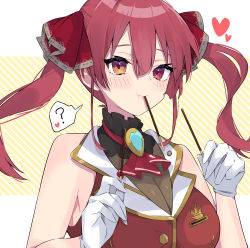 Rule 34 | 1girl, ?, absurdres, blush, breasts, cleavage, commentary request, food, gloves, hair ribbon, heart, heterochromia, highres, holding, holding food, holding pocky, hololive, houshou marine, houshou marine (1st costume), long hair, looking at viewer, medium breasts, mouth hold, pocky, pocky day, red eyes, red hair, red ribbon, ribbon, see-through, see-through cleavage, smile, solo, spoken heart, spoken question mark, twintails, upper body, ute (perouthi), virtual youtuber, white gloves, yellow eyes