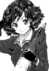 Rule 34 | 10s, 1girl, akiyama yukari, ammunition, bad id, bad pixiv id, closed mouth, commentary, girls und panzer, gloves, greyscale, holding, jacket, kanau, long sleeves, looking at viewer, messy hair, monochrome, ooarai military uniform, salute, shell (projectile), short hair, smile, solo, standing, upper body
