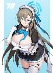 Rule 34 | absurdres, apron, asuna (blue archive), black dress, blue archive, blue background, blue eyes, blue neckwear, bow, bowtie, breasts, cleavage, dress, gloves, halo, highres, large breasts, light brown hair, maid headdress, mole, mole on breast, morung, neck ribbon, neckwear between breasts, ribbon, solo, thighhighs, tongue, tongue out, white apron, white gloves, white thighhighs