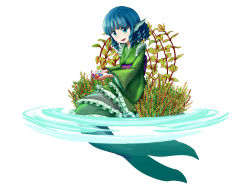 Rule 34 | 1girl, blue eyes, blue hair, blush, commentary request, drill hair, fins, fish tail, frills, gem, grass, head fins, japanese clothes, kimono, long sleeves, matching hair/eyes, mermaid, monster girl, obi, open mouth, sash, short hair, smile, solo, street dog, tail, touhou, wakasagihime, white background, wide sleeves