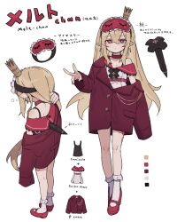 Rule 34 | 1girl, absurdres, blonde hair, closed mouth, dangle earrings, earrings, expressionless, highres, jewelry, long sleeves, looking at viewer, original, pointy ears, red eyes, red footwear, sleep mask, socks, solo, symbol-shaped pupils, v, white socks, x-shaped pupils, zizi niisan
