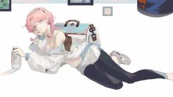Rule 34 | 1girl, arknights, bag, bare shoulders, blue eyes, blue poison (arknights), blue poison (shoal beat) (arknights), bottle, braid, breasts, cleavage, closed mouth, collarbone, earrings, grey footwear, hairband, highres, jacket, jewelry, leggings, long hair, long sleeves, looking at viewer, lying, medium breasts, off shoulder, official alternate costume, on side, open clothes, open jacket, pink hair, samo (shichun samo), shoes, short shorts, shorts, smile, sneakers, solo, twin braids, water bottle, white jacket, white shorts