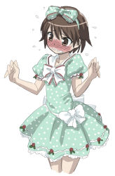 Rule 34 | 10s, 1girl, alternate costume, blush, bow, brown eyes, brown hair, cowboy shot, dress, flat chest, flying sweatdrops, frills, full-face blush, girls und panzer, green dress, hair bow, hairband, isobe noriko, open mouth, polka dot, polka dot bow, polka dot dress, polka dot ribbon, puffy short sleeves, puffy sleeves, ribbon, short hair, short sleeves, simple background, solo, standing, sweat, wavy mouth, white background