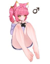 Rule 34 | 1boy, animal ear fluff, animal ears, bad id, bad pixiv id, bare legs, bare shoulders, barefoot, cat ears, choker, closed mouth, controller, convenient censoring, dokomon, feet, heart, heart-shaped pupils, highres, looking at viewer, looking down, male focus, original, pink hair, side ponytail, sidelocks, simple background, sitting, solo, sweater, symbol-shaped pupils, thighs, toenails, toes, trap, white background, yellow eyes