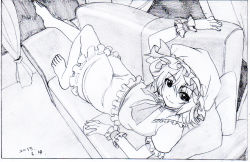 Rule 34 | 1girl, ascot, barefoot, black border, border, closed mouth, couch, curtains, dated, graphite (medium), greyscale, hat, looking at viewer, lying, makicha (sasurainopink), mob cap, monochrome, on couch, remilia scarlet, shirt, short hair, short sleeves, skirt, smile, solo, touhou, traditional media