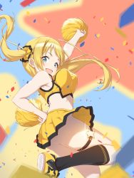 Rule 34 | 1girl, :d, amochin, arm up, armpits, ass, blonde hair, blouse, bouncing breasts, breasts, cheerleader, confetti, crop top, dancing, green eyes, hachimiya meguru, hair ribbon, hand on own hip, highres, holding, holding pom poms, idolmaster, idolmaster shiny colors, kneehighs, looking at viewer, medium breasts, midriff, miniskirt, no panties, open mouth, pleated skirt, pom pom (cheerleading), pom poms, ribbon, shirt, shoes, skirt, sleeveless, sleeveless shirt, smile, socks, solo, sparkle, standing, star (symbol), thigh strap, yellow pom poms, yellow shirt, yellow skirt