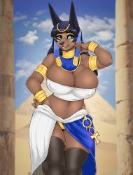 Rule 34 | 1girl, anbs-02 (zenonzard), animal ears, animal nose, ankh, armlet, bandeau, bare shoulders, blue eyes, blunt bangs, bracelet, breasts, cleavage, commentary, covered erect nipples, curvy, dark-skinned female, dark skin, egyptian, egyptian clothes, english commentary, eyeliner, eyeshadow, facing viewer, furry, furry female, gorget, hand on own hip, headpiece, highres, huge breasts, jackal ears, jewelry, long hair, makeup, midriff, navel, neck ring, niis, panties, pantyshot, photo background, skindentation, snout, solo, standing, straight hair, thick thighs, thighhighs, thighs, underwear, yellow panties, zenonzard