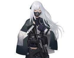 Rule 34 | ak-12, ak-12 (girls&#039; frontline), assault rifle, braid, cero (last2stage), cowboy shot, girls&#039; frontline, highres, kalashnikov rifle, long hair, looking at viewer, mask, military, military uniform, mouth mask, red eyes, silver hair, simple background, solo, standing, tagme, uniform, weapon, white background