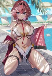 Rule 34 | 1girl, bare legs, bare shoulders, barefoot, between breasts, bikini, black choker, black hairband, blue eyes, blush, breast zipper, breasts, choker, day, full body, hair between eyes, hairband, head wings, highres, hololive, inari (ambercrown), jacket, large breasts, looking at viewer, navel, off shoulder, open clothes, open jacket, outdoors, palm leaf, parted lips, pink hair, pool, red jacket, short hair, solo, strap between breasts, swimsuit, takane lui, thigh strap, virtual youtuber, water, wet, white bikini, wings