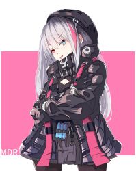Rule 34 | 1girl, bad id, bad pixiv id, beret, black hat, black pantyhose, blue eyes, breasts, character name, cleavage, cleavage cutout, clothing cutout, commentary request, crossed arms, eyes visible through hair, girls&#039; frontline, gloves, graphite (medium), grey hair, hat, heterochromia, load bearing vest, long hair, looking at viewer, mdr (girls&#039; frontline), multicolored hair, one side up, pantyhose, pink background, pink eyes, pink hair, sidelocks, small breasts, smile, solo, strap, streaked hair, tactical clothes, tongue, tongue out, traditional media, two-tone background, unimon e, white background