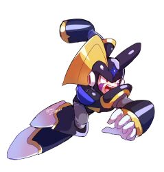 Rule 34 | 1boy, arm cannon, armor, bass (mega man), black armor, black helmet, dashing, dilated pupils, facial mark, fang, forehead jewel, full body, highres, mega man (classic), mega man (series), open mouth, red eyes, simple background, solo, srnhuyuno, twitter username, weapon, white background