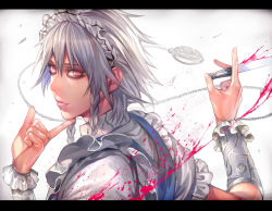 Rule 34 | 1girl, apron, blood, bloody knife, bloody weapon, braid, chain, eyelashes, finger to own chin, fingernails, frilled apron, frilled sleeves, frills, grey hair, highres, holding, holding knife, holding weapon, irohara mitabi, izayoi sakuya, knife, letterboxed, lips, looking back, maid apron, maid headdress, pink eyes, plant, pocket watch, puffy short sleeves, puffy sleeves, short hair, short sleeves, solo, text focus, thorns, touhou, twin braids, upper body, vines, watch, weapon, wrist cuffs