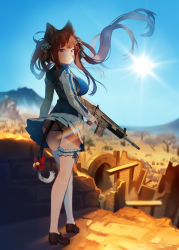 Rule 34 | 1girl, animal ear fluff, animal ears, ass, assault rifle, bell, black ribbon, blue jacket, blue sky, blurry, blurry background, breasts, bridal garter, brown footwear, brown hair, butterfly tattoo, cat ears, cat tail, covered erect nipples, day, depth of field, desert, diffraction spikes, facial mark, floating hair, flower, fn scar, grey panties, gun, hair flower, hair ornament, hair ribbon, highres, holding, holding gun, holding weapon, jacket, jingle bell, lace, lace-trimmed panties, lace trim, large breasts, loafers, long hair, long sleeves, looking at viewer, looking back, miniskirt, mountain, muzzle device, original, outdoors, panties, parted lips, pleated skirt, rainbow, red eyes, red ribbon, ribbon, rifle, ruins, sankyaku tako, shoes, sidelocks, single thighhigh, skirt, sky, solo, standing, sun, tail, tattoo, thighhighs, track jacket, tree, twintails, underwear, very long hair, weapon, white skirt, white thighhighs