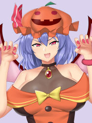 Rule 34 | 1girl, bat wings, bow, breasts, fangs, halloween costume, hat, highres, jewelry, large breasts, looking at viewer, medium hair, mokkori9, open mouth, pink nails, red eyes, remilia scarlet, simple background, solo, solo focus, touhou, upper body, wings, yellow bow