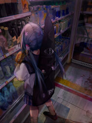 1girl absurdres badge bag_of_chips blood bloody_footprints blue_hair bottle button_badge can commentary convenience_store drink_can english_commentary from_behind hair_ornament hairclip highres long_hair mikasamu original rabbit_hair_ornament shop solo twintails water_bottle