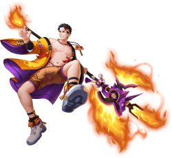 Rule 34 | 1boy, abs, alternate costume, artist request, bara, bare pectorals, black hair, fighting stance, fire, gauntlets, gyee, halberd, headband, highres, japanese clothes, jewelry, key, kimono, looking at another, male focus, male underwear, manly, muscular, muscular male, necklace, nipples, official art, pectorals, polearm, shoes, shorts, smile, socks, solo, spiked hair, sven (gyee), teeth, transparent background, underwear, weapon