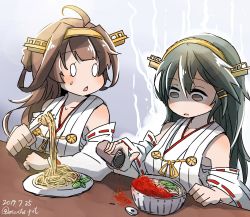 Rule 34 | 2girls, ahoge, aoba (akibajun), black hair, blush, bowl, breasts, brown hair, collarbone, dated, detached sleeves, double bun, failure, food, fork, hair bun, hair ornament, hairband, hairclip, haruna (kancolle), highres, holding, holding fork, japanese clothes, kantai collection, kongou (kancolle), long hair, multiple girls, nontraditional miko, noodles, open mouth, plate, ribbon, ribbon-trimmed sleeves, ribbon trim, shaded face, sitting, spice, spill, sweat, table, twitter username, wide sleeves