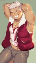 Rule 34 | armpits, arms up, axel (danshin), bara, dark-skinned male, dark skin, face, facing viewer, highres, ibarakidoujin, lineart, male focus, muscular, muscular male, non-web source, smile, thick eyebrows, thick thighs, thighs, white hair, yaoi, yellow eyes