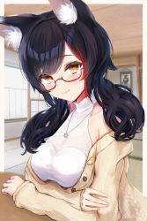 Rule 34 | 1girl, animal ear fluff, animal ears, architecture, arms under breasts, bare shoulders, black hair, blush, breast rest, breasts, brown cardigan, cardigan, cleavage, closed mouth, collarbone, commentary request, crossed arms, east asian architecture, fang, fang out, fingernails, glasses, highres, hololive, indoors, jewelry, light smile, long hair, looking at viewer, low twintails, medium breasts, multicolored hair, necklace, off shoulder, official alternate costume, official alternate hair length, official alternate hairstyle, ookami mio, ookami mio (street), raised eyebrows, red-framed eyewear, red hair, semi-rimless eyewear, seta (seta105), shirt, skin fang, sleeveless, sleeveless shirt, solo, streaked hair, swept bangs, twintails, twitter username, virtual youtuber, white shirt, wolf ears, wolf girl, yellow eyes
