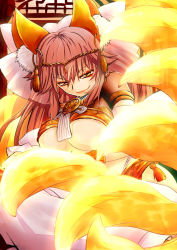 Rule 34 | 10s, 1girl, amaterasu (fate), animal ears, breasts, fate/extra, fate/extra ccc, fate (series), fox ears, fox girl, fox tail, kemonomimi mode, large breasts, lipstick, makeup, multiple tails, official alternate costume, pink hair, pink theme, smirk, solo, tail, tamamo (fate), tamamo no mae (fate/extra), twintails, underboob, urako, yellow eyes