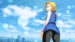 Rule 34 | 1girl, android 18, ass, astroboy84, bad id, bad pixiv id, blonde hair, breasts, city, denim, denim skirt, dragon ball, dragonball z, earrings, highres, jewelry, looking at viewer, pantyhose, short hair, skirt, solo