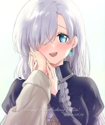 Rule 34 | 1girl, 2020, :d, blue eyes, blush, character name, earrings, elizabeth liones, hair over one eye, hand on another&#039;s cheek, hand on another&#039;s face, happy birthday, highres, jewelry, long hair, long sleeves, looking at viewer, nanatsu no taizai, open mouth, oshicpume, silver hair, smile, solo focus, upper body, wing collar
